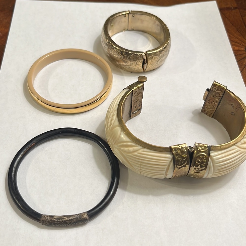 Lot Vintage Bone carved silver Bakelite gold chunky bangle bracelets - Picture 8 of 11